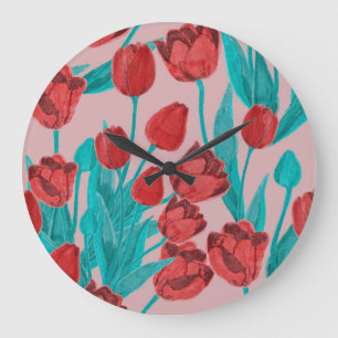 Reloj Redondo Grande Tulipanes de primavera, patrón floral dibujado a m