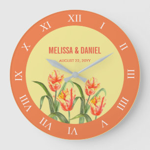 Reloj Redondo Grande Tulipanes Loro Amarillos Flor Números Romanos