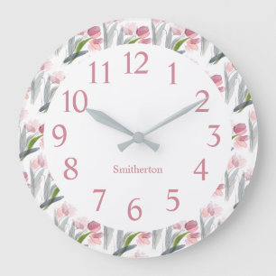 Reloj Redondo Grande Tulipanes rosados Sage Green Leaks White