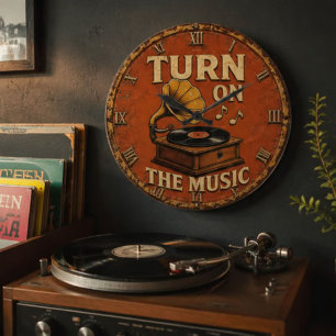 Reloj Redondo Grande Turn On The Music Vintage Gramophon