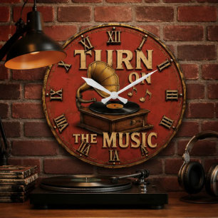Reloj Redondo Grande Turn On the Music Vintage Gramophone Record Player