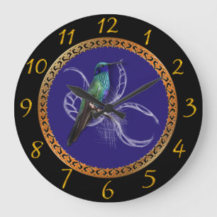 Reloj Redondo Grande Turquesa verde y azul con colibrí morado