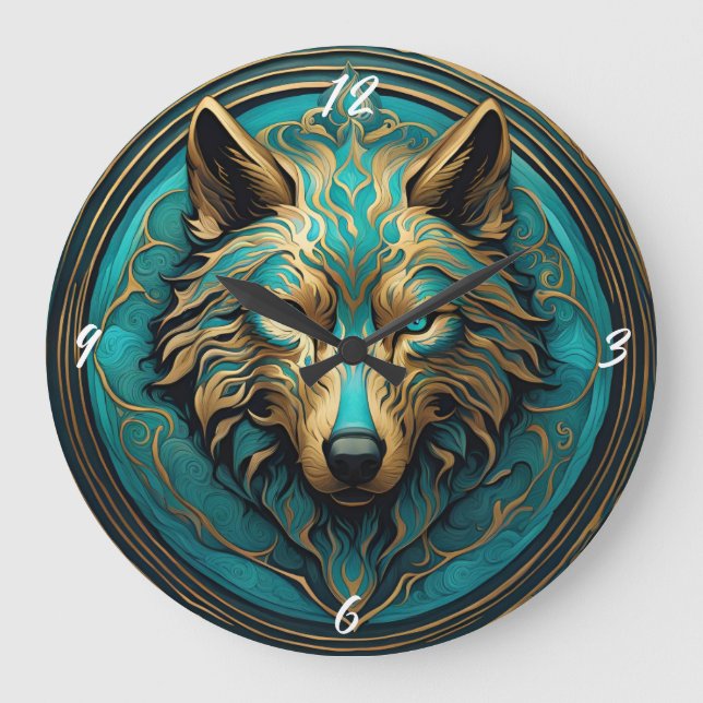 Reloj Redondo Grande Turquesa y lobo de oro (Anverso)
