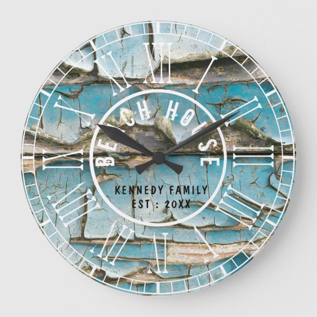 Reloj Redondo Grande Turquoise Peeling Wood Beach House Roman Numeral (Anverso)