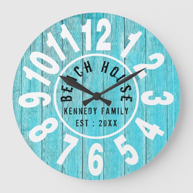 Reloj Redondo Grande Turquoise Wood Beach House Black Big Numbers (Anverso)