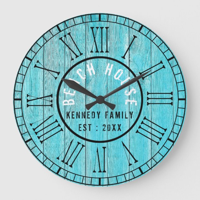 Reloj Redondo Grande Turquoise Wood Beach House Black Roman Numeral (Anverso)