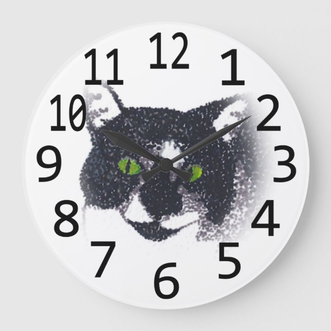 Reloj Redondo Grande Tuxedo Cat Face Head Pointillillism Clocks Wall (Anverso)