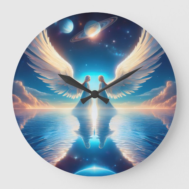 Reloj Redondo Grande Two Angels with Large Wings Facing Each Other on a (Anverso)