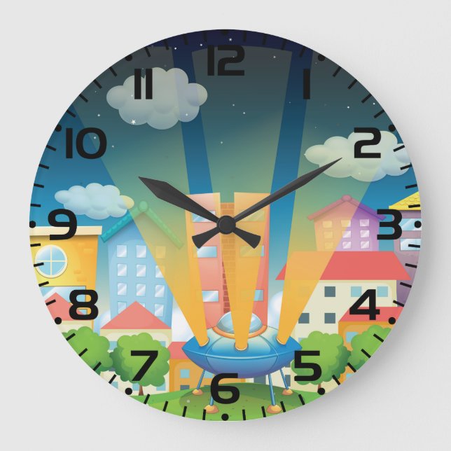 Reloj Redondo Grande UFO Landing in a Bright City Night Scene (Anverso)