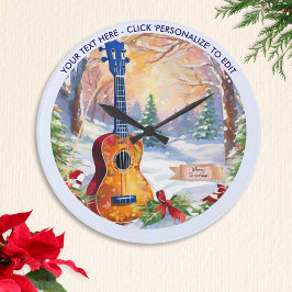 Reloj Redondo Grande Ukulele de Invierno en la Nieve Texto Personalizad