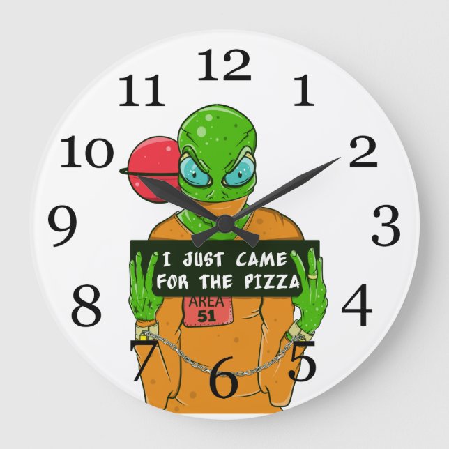 Reloj Redondo Grande Un alien que ama la pizza (Anverso)