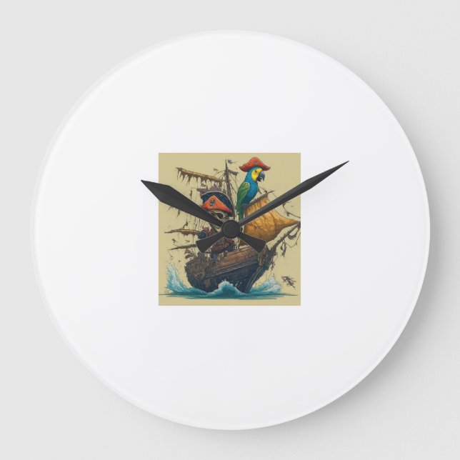 Reloj Redondo Grande un barco pirata con un loro (Anverso)