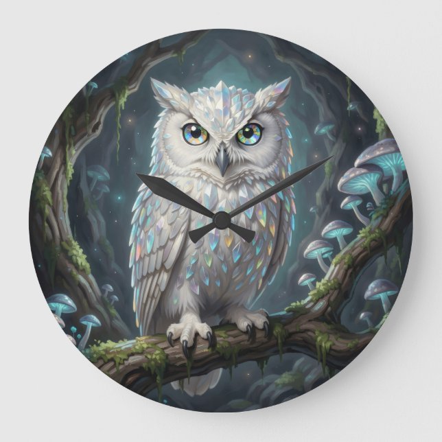 Reloj Redondo Grande Un búho blanco brillante. (Anverso)