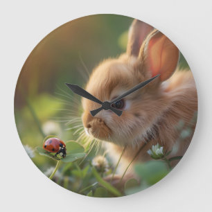 Reloj Redondo Grande Un conejo lindo y una mariquita en el campo verde