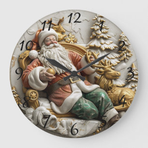 Reloj Redondo Grande Un feliz Santa Claus relajándose con sus renos