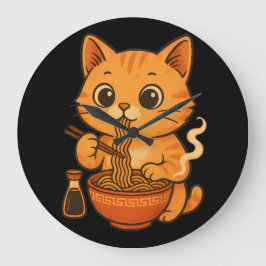 Reloj Redondo Grande Un gato lindo comiendo Ramen