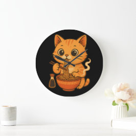 Reloj Redondo Grande Un gato lindo comiendo Ramen