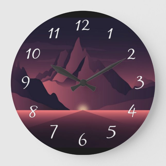Reloj Redondo Grande Un ilustracion de atardecer de montaña (Anverso)
