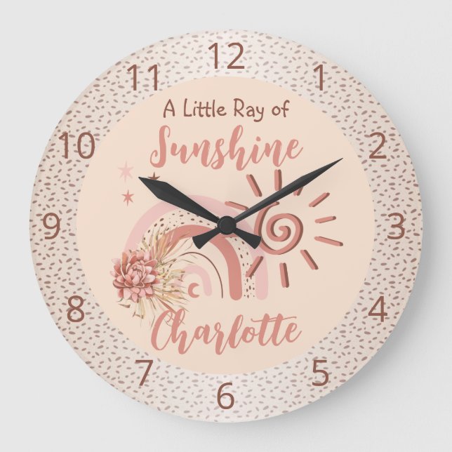 Reloj Redondo Grande Un lindo rayo de Chicas Sunshine Boho Nursery Rain (Anverso)