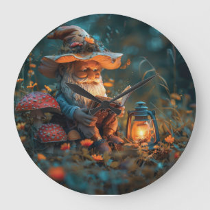 Reloj Redondo Grande Un pequeño gnomo leyendo un libro