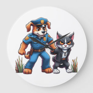 Reloj Redondo Grande un perro policía y un gato malo - humor