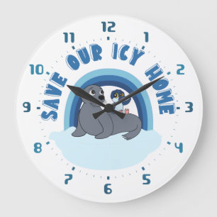 Reloj Redondo Grande Un sello y un pingüino dibujo animado "Salvemos nu
