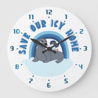 Reloj Redondo Grande Un sello y un pingüino dibujo animado "Salvemos nu