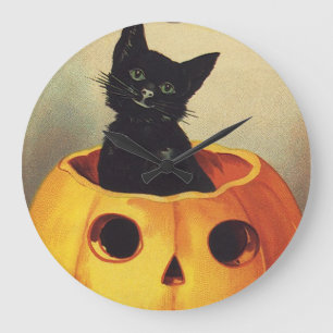 Reloj Redondo Grande Una Feliz Halloween de Ellen Clapsaddle, Gato Vint