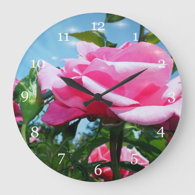Reloj Redondo Grande Una rosa rosa grandiosa en el cielo azul. Fotograf (Anverso)