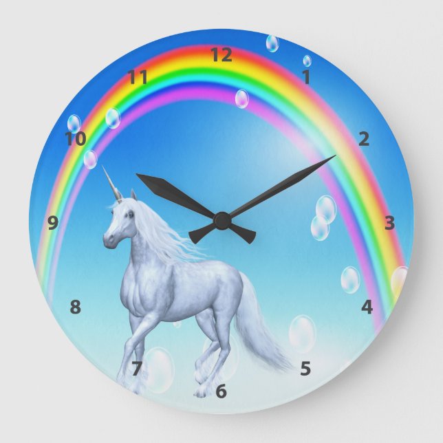 Reloj Redondo Grande Unicornio, arcoiris y burbujas (Anverso)