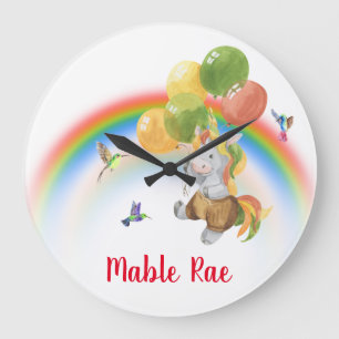 Reloj Redondo Grande Unicornio bebé con nombre de arco iris en globo