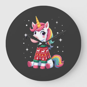 Reloj Redondo Grande Unicornio con suéter de Navidad Unicornio chicas C