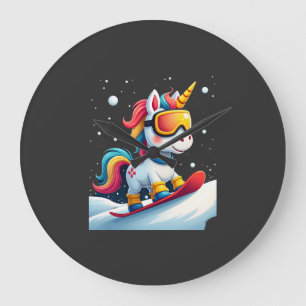 Reloj Redondo Grande Unicornio en Snowboard - Divertido Esquí y Deporte
