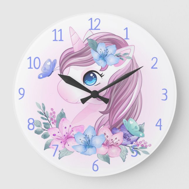 Reloj Redondo Grande Unicornio, flores y mariposas (Anverso)