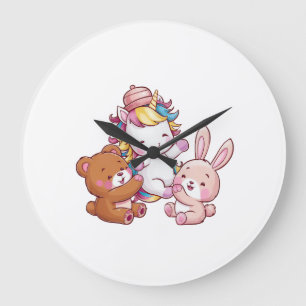 Reloj Redondo Grande Unicornio Kawaii con conejo y oso de peluche Manga