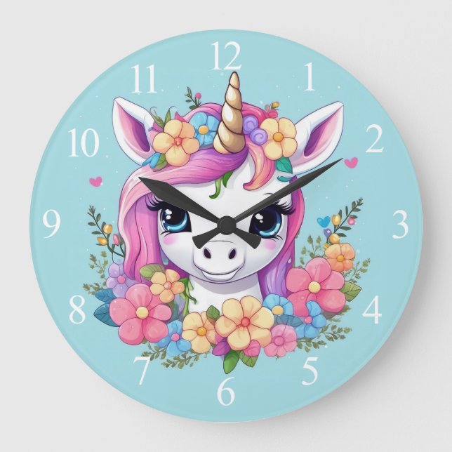 Reloj Redondo Grande Unicornio mágico con flores (Anverso)