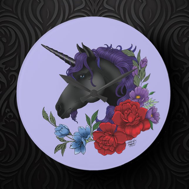 Reloj Redondo Grande Unicornio negro y flores (Subido por el creador)