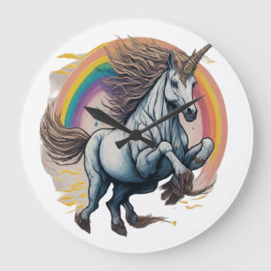 Reloj Redondo Grande unicornio saltando sobre un arco iris.