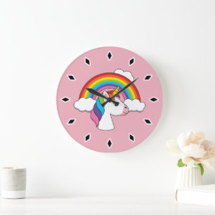 Reloj Redondo Grande Unicornio y arcoiris con nubes kawaii