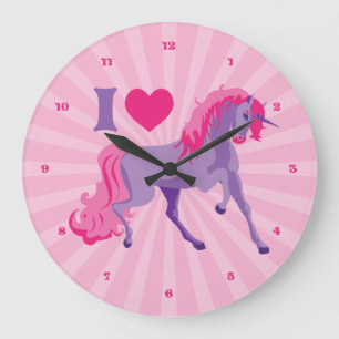 Reloj Redondo Grande Unicornios del amor del corazón del rosa y de la
