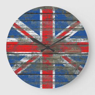 Reloj Redondo Grande Union Jack en la madera áspera sube a efecto