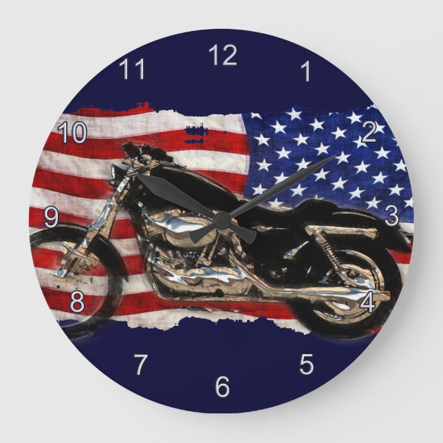 Reloj Redondo Grande US Flag, Motorcycle, Motorbike, Hog (Anverso)