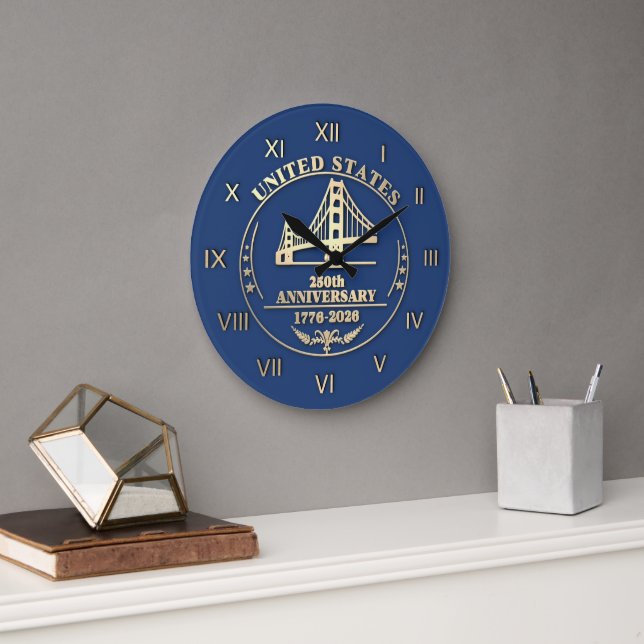 Reloj Redondo Grande USA 250th Anniversary Golden Gate Gold Roman Nb (Oficina)