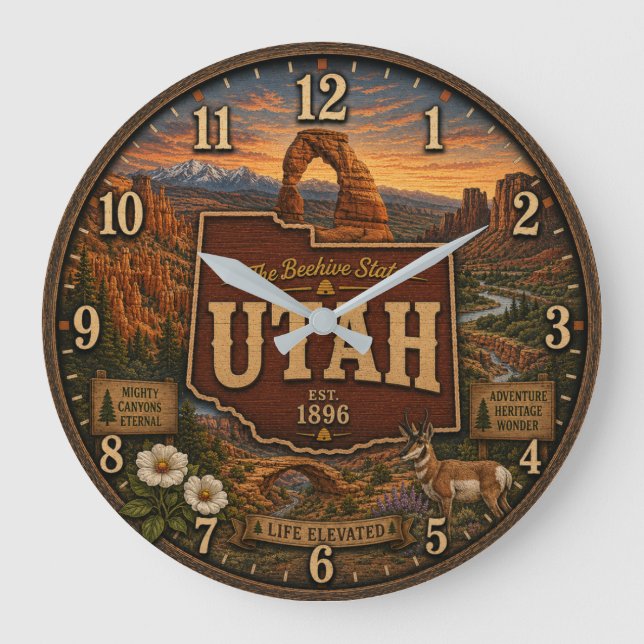 Reloj Redondo Grande Utah Beehive State National Park Rustic Gift  (Anverso)
