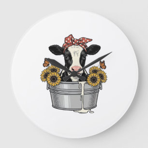 Reloj Redondo Grande Vaca antigua en bañera Girasol Mariposa Vector Dis