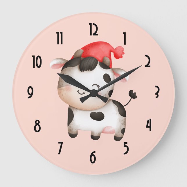 Reloj Redondo Grande Vaca feliz con una taza de Gorra rojo (Anverso)