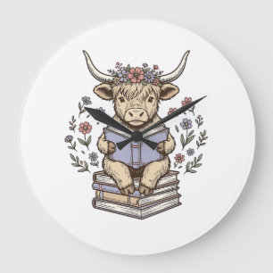 Reloj Redondo Grande Vaca Floral Leyendo Libro Apilado Diseño Vintage_