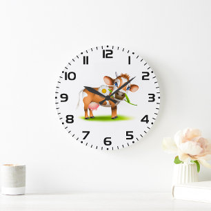 Reloj Redondo Grande Vaca lechera Personalizado con flores y hierba