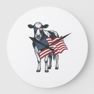 Reloj Redondo Grande Vaca Patriótica Bandera Americana Diseño de Grabad