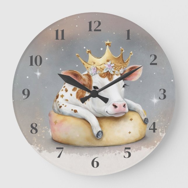 Reloj Redondo Grande Vaca Real Soñando en Trono de Queso (Anverso)